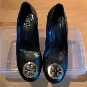 Tory Burch black leather wedges size 8